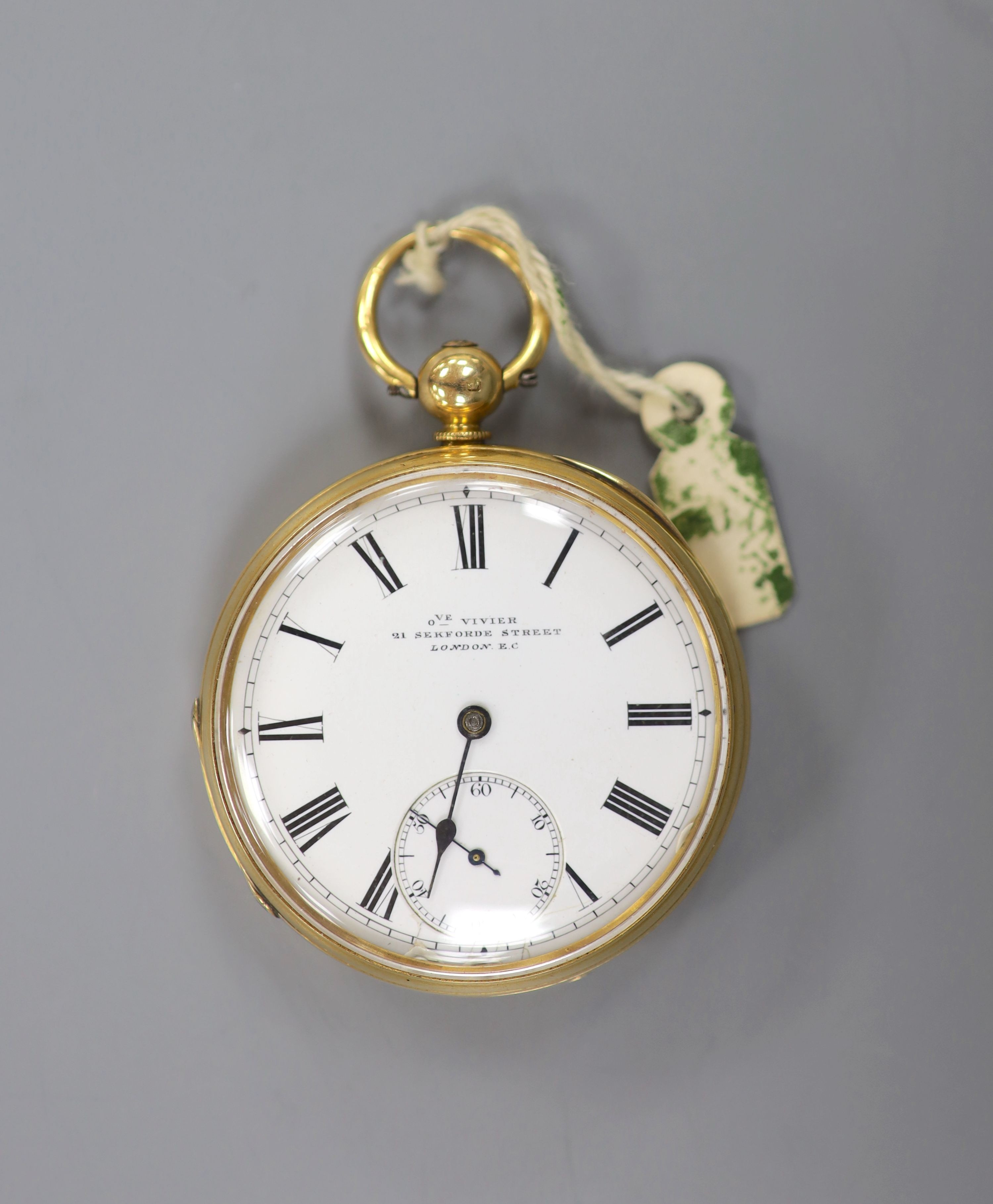 A Victorian engine turned 18ct gold open faced keywind pocket watch, by Vivier, London